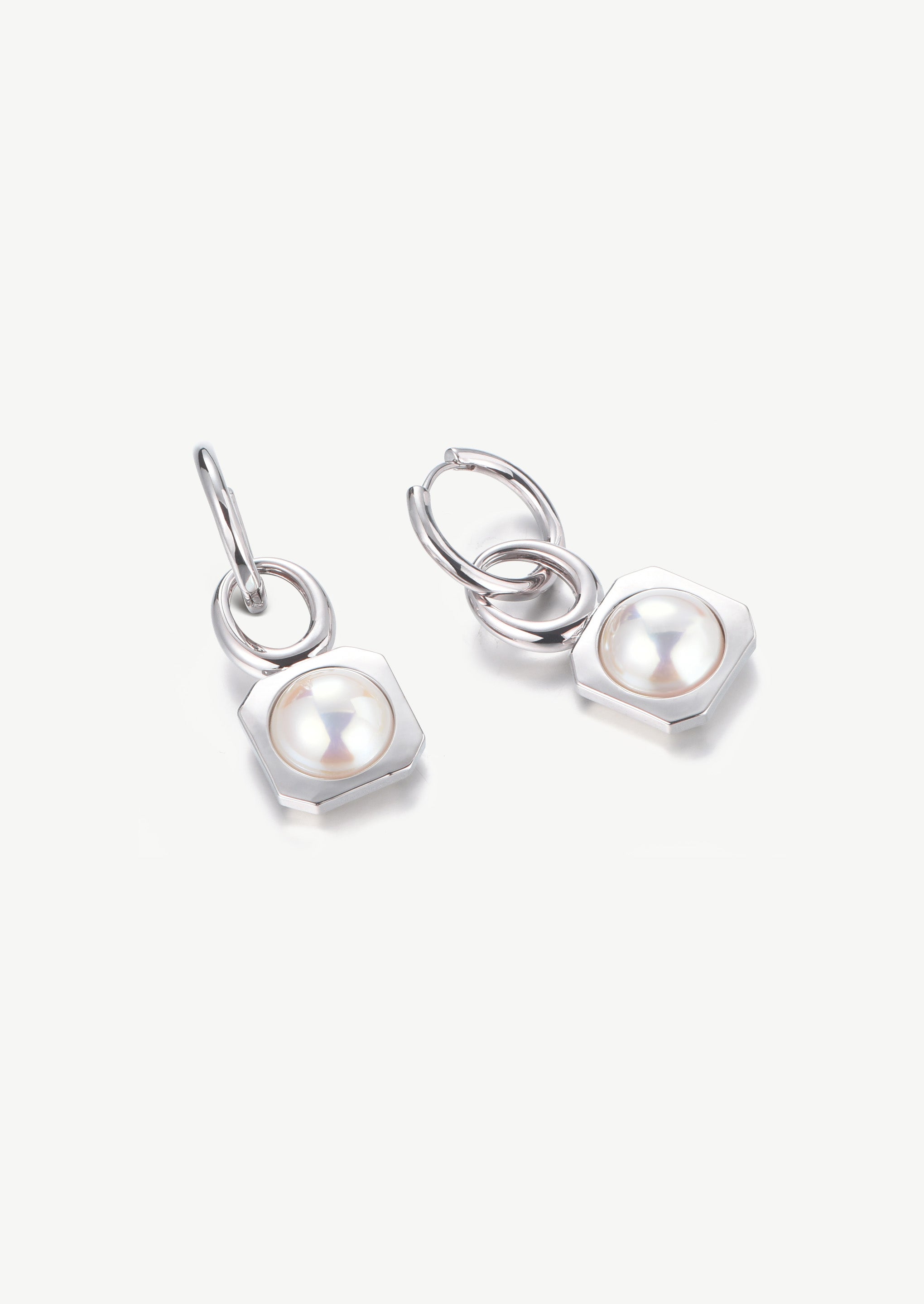 Square Pearl Charm Hoop Earrings