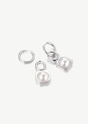 Square Pearl Charm Hoop Earrings